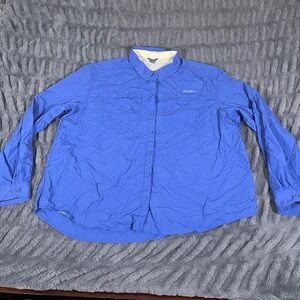 Eddie Bauer Womens 2XL Blue Long Sleeve Hiking Shirt Vented Back Nylon Button Up